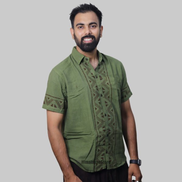 Linen Shirt with Hand Block Prints - Green - Image 8