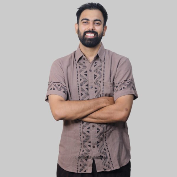 Linen Shirt with Hand Block Prints - Light Brown - Image 7