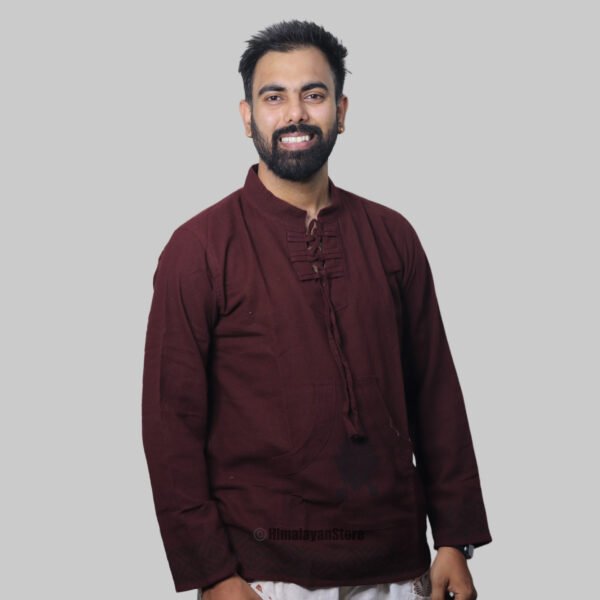 Linen Kurta with Hand Block Prints - Wine Color - Image 5