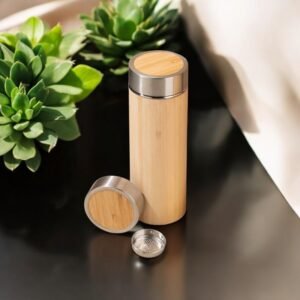 Eco-Friendly Bamboo Water Bottle, Stainless Steel Flask Water Bottle/Thermos with Tea Strainer | Double Wall Vacuum Insulated | Hot & Cold