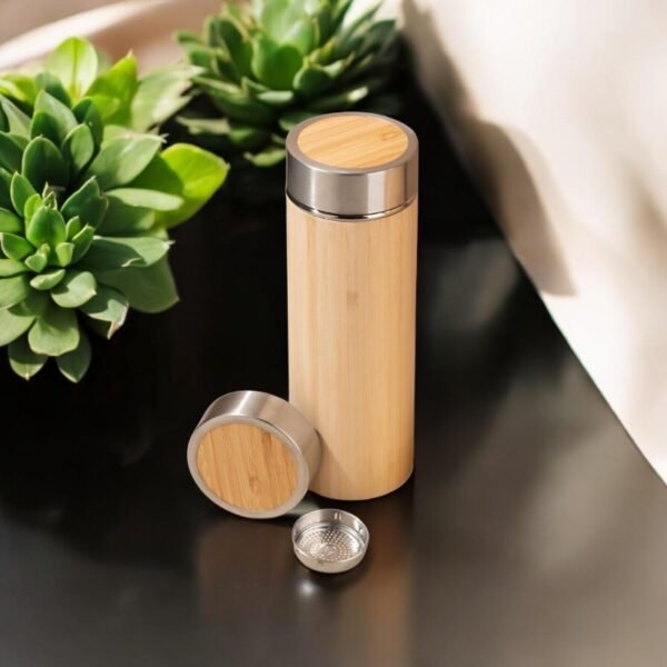 Eco-Friendly Bamboo Water Bottle, Stainless Steel Flask Water Bottle/Thermos with Tea Strainer | Double Wall Vacuum Insulated | Hot & Cold