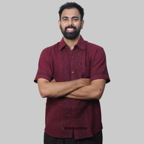 Linen Shirt with Hand Block Prints - Wine Color - Image 3