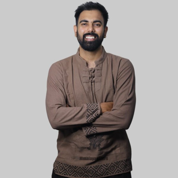 Linen Kurta with Hand Block Prints - Light Brown - Image 2