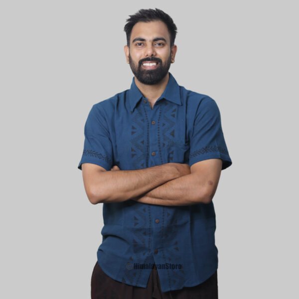 Linen Shirt with Hand Block Prints - Navy Blue - Image 3