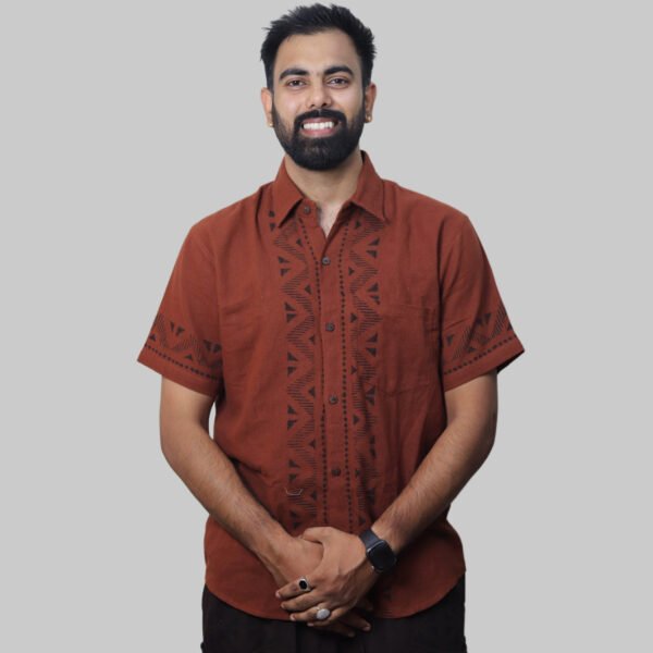 Linen Shirt with Hand Block Prints - Reddish Brown - Image 6