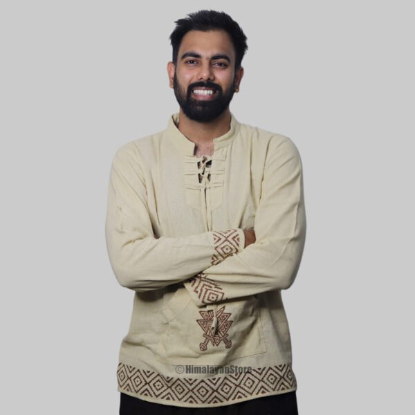 Linen Kurta with Hand Block Prints - Beige - Image 5