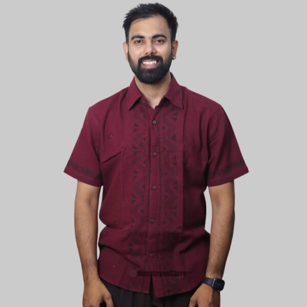 Linen Shirt with Hand Block Prints - Wine Color - Image 8