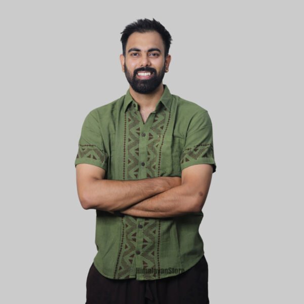 Linen Shirt with Hand Block Prints - Green - Image 7
