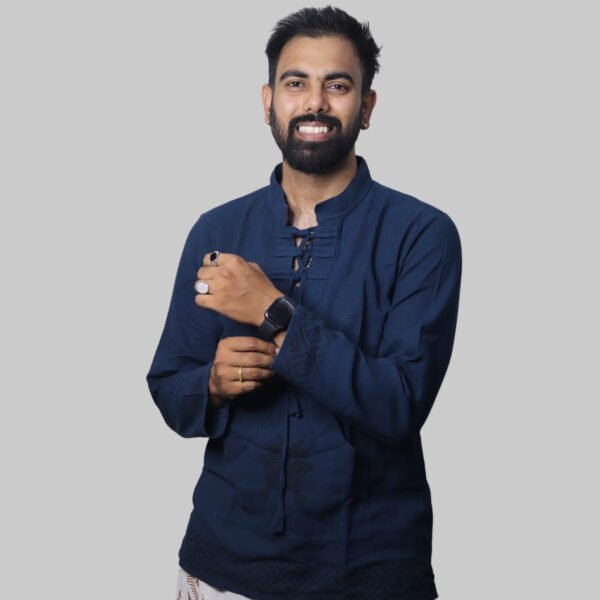Linen Kurta with Hand Block Prints - Dark Blue - Image 2