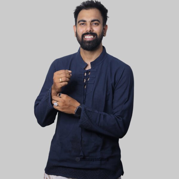 Linen Kurta with Hand Block Prints - Navy Blue - Image 3