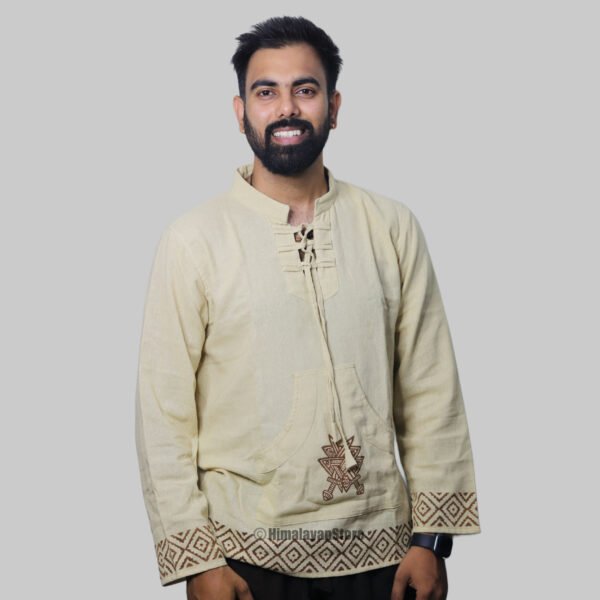 Linen Kurta with Hand Block Prints - Beige - Image 2