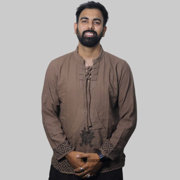 Linen Kurta with Hand Block Prints - Light Brown - Image 3