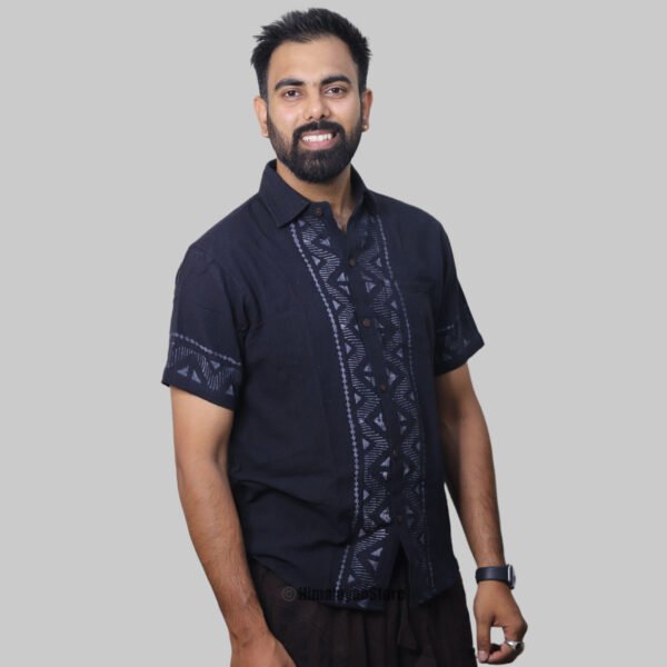 Linen Shirt with Hand Block Prints - Black - Image 2