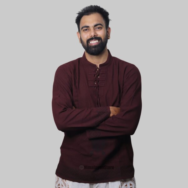 Linen Kurta with Hand Block Prints - Wine Color - Image 7