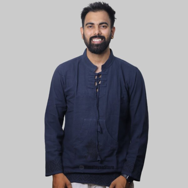 Linen Kurta with Hand Block Prints - Navy Blue - Image 2