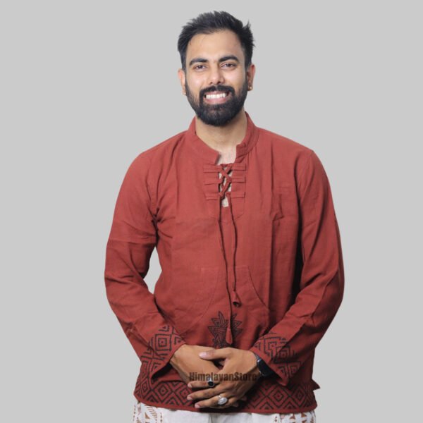 Linen Kurta with Hand Block Prints - Maroon - Image 2