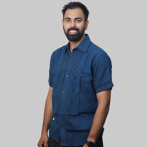 Linen Shirt with Hand Block Prints - Navy Blue - Image 7