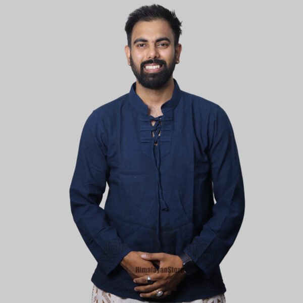 Linen Kurta with Hand Block Prints - Dark Blue - Image 3