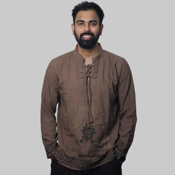 Linen Kurta with Hand Block Prints - Light Brown - Image 7