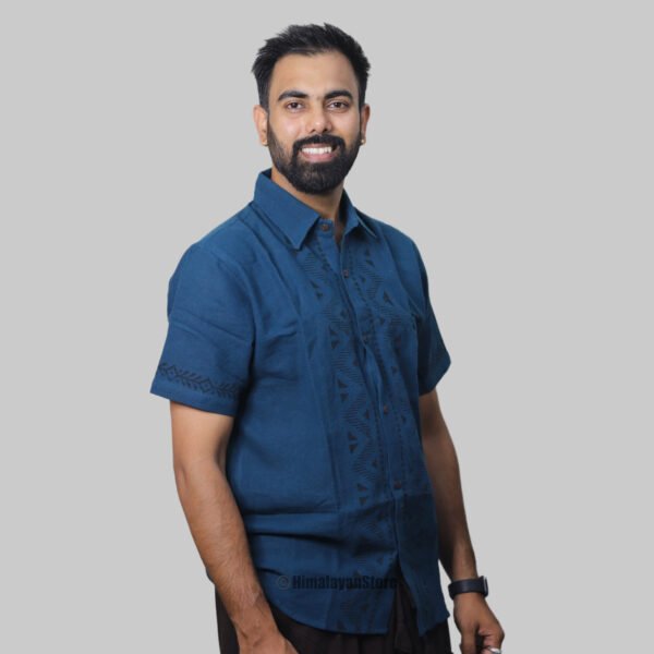 Linen Shirt with Hand Block Prints - Navy Blue - Image 8