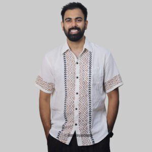 Linen Shirt with Hand Block Prints - White