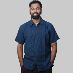Linen Shirt with Hand Block Prints - Navy Blue