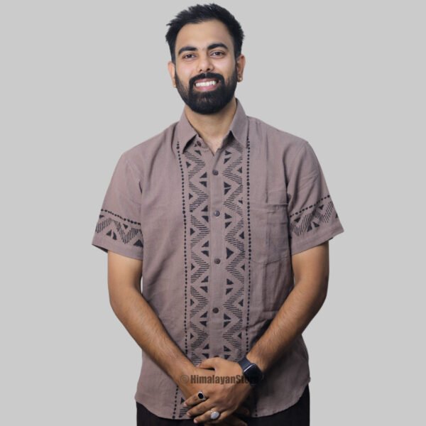 Linen Shirt with Hand Block Prints - Light Brown - Image 2